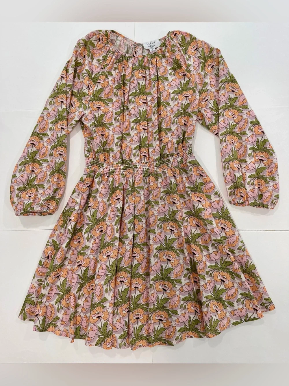 J Crew Butterfield Poppy Pink Green Floral Mini Dress Pockets Smocked Waist (Sm)